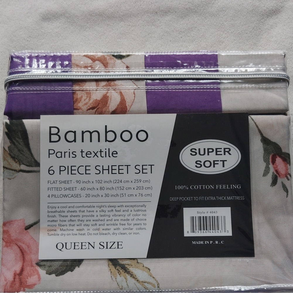 Paris Textile 2000 Series Queen Sheet Set Purple Gray Floral Deep Pocket Soft